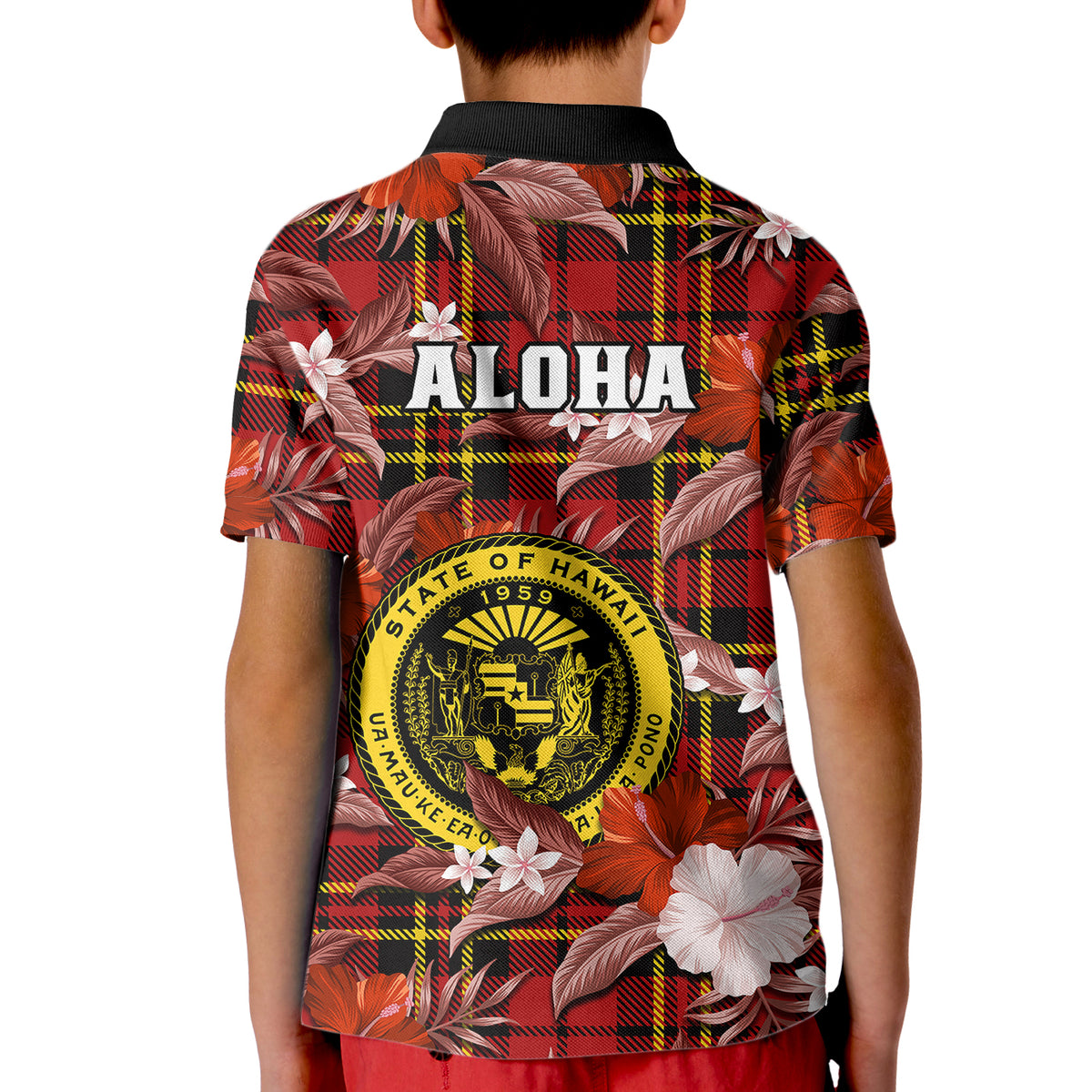 Hawaii State Kid Polo Shirt Tropical Flowers Mix Tartan Red Version LT14 - Polynesian Pride