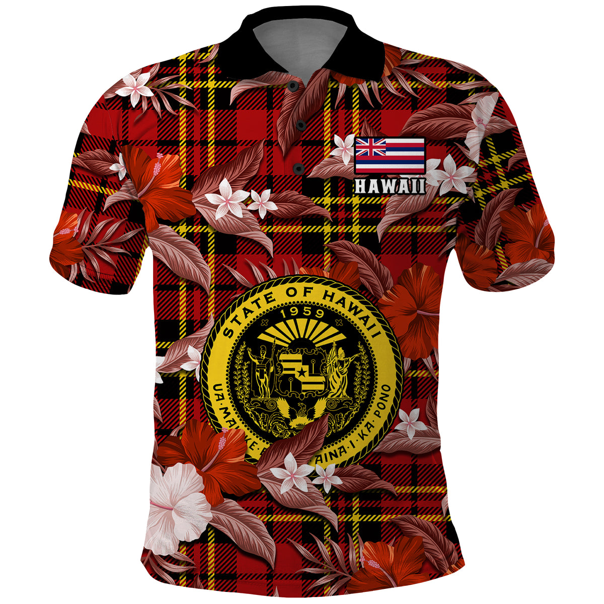 Hawaii State Polo Shirt Tropical Flowers Mix Tartan Red Version LT14 Red - Polynesian Pride