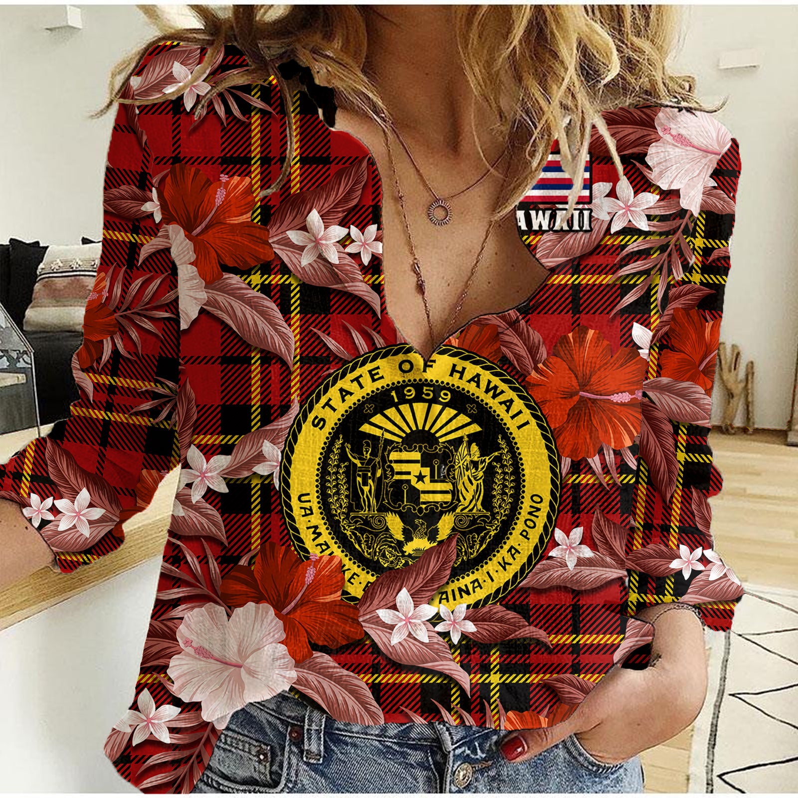 Hawaii State Women Casual Shirt Tropical Flowers Mix Tartan Red Version LT14 Female Red - Polynesian Pride