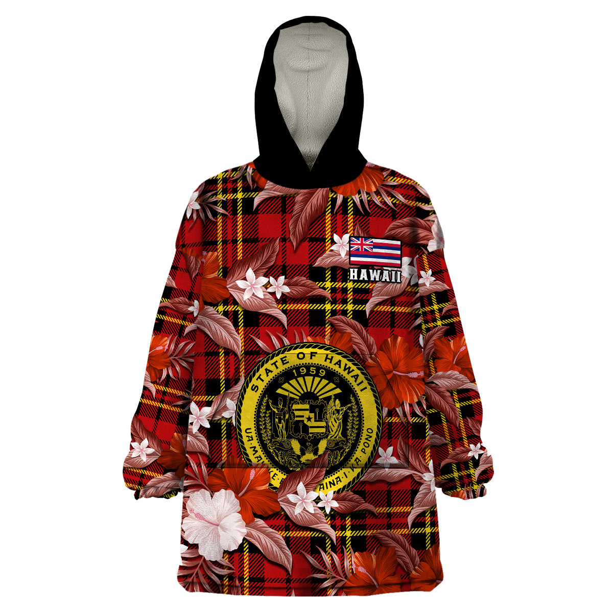 (Custom Personalised) Hawaii State Wearable Blanket Hoodie Tropical Flowers Mix Tartan Red Version LT14 Unisex One Size - Polynesian Pride