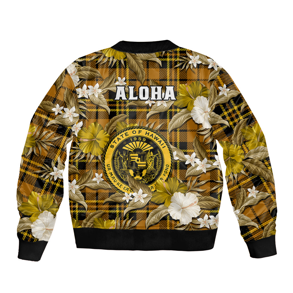 Hawaii State Bomber Jacket Tropical Flowers Mix Tartan Gold Version LT14 - Polynesian Pride