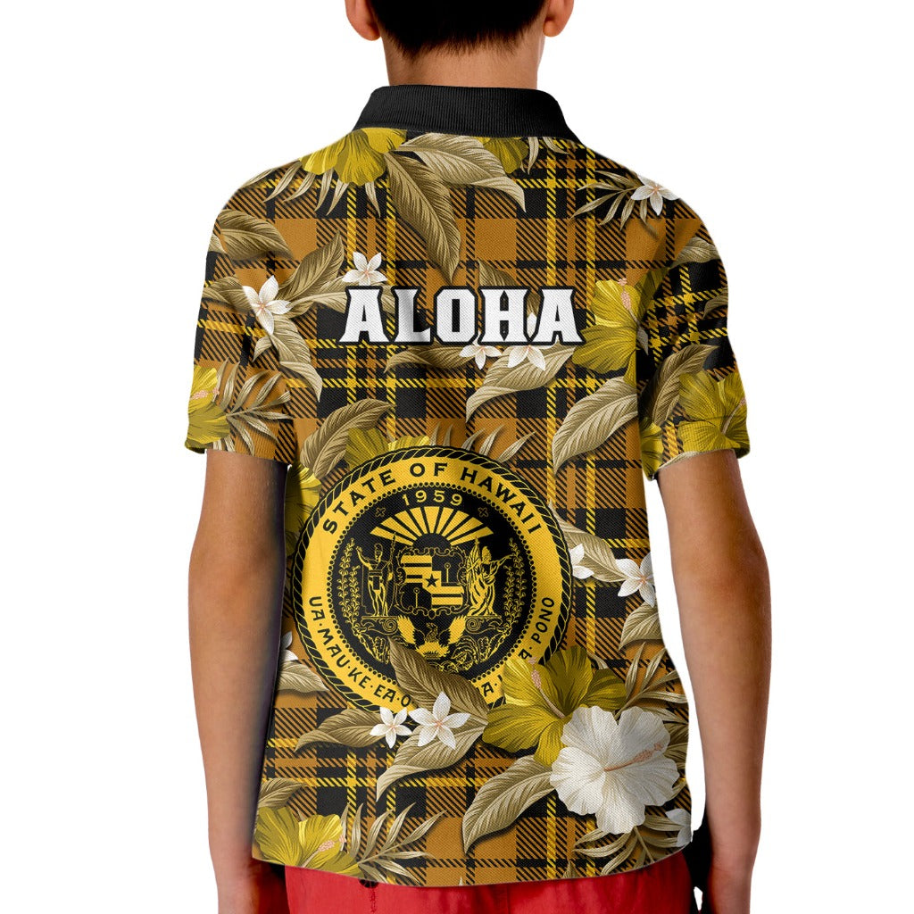 Hawaii State Kid Polo Shirt Tropical Flowers Mix Tartan Gold Version LT14 - Polynesian Pride
