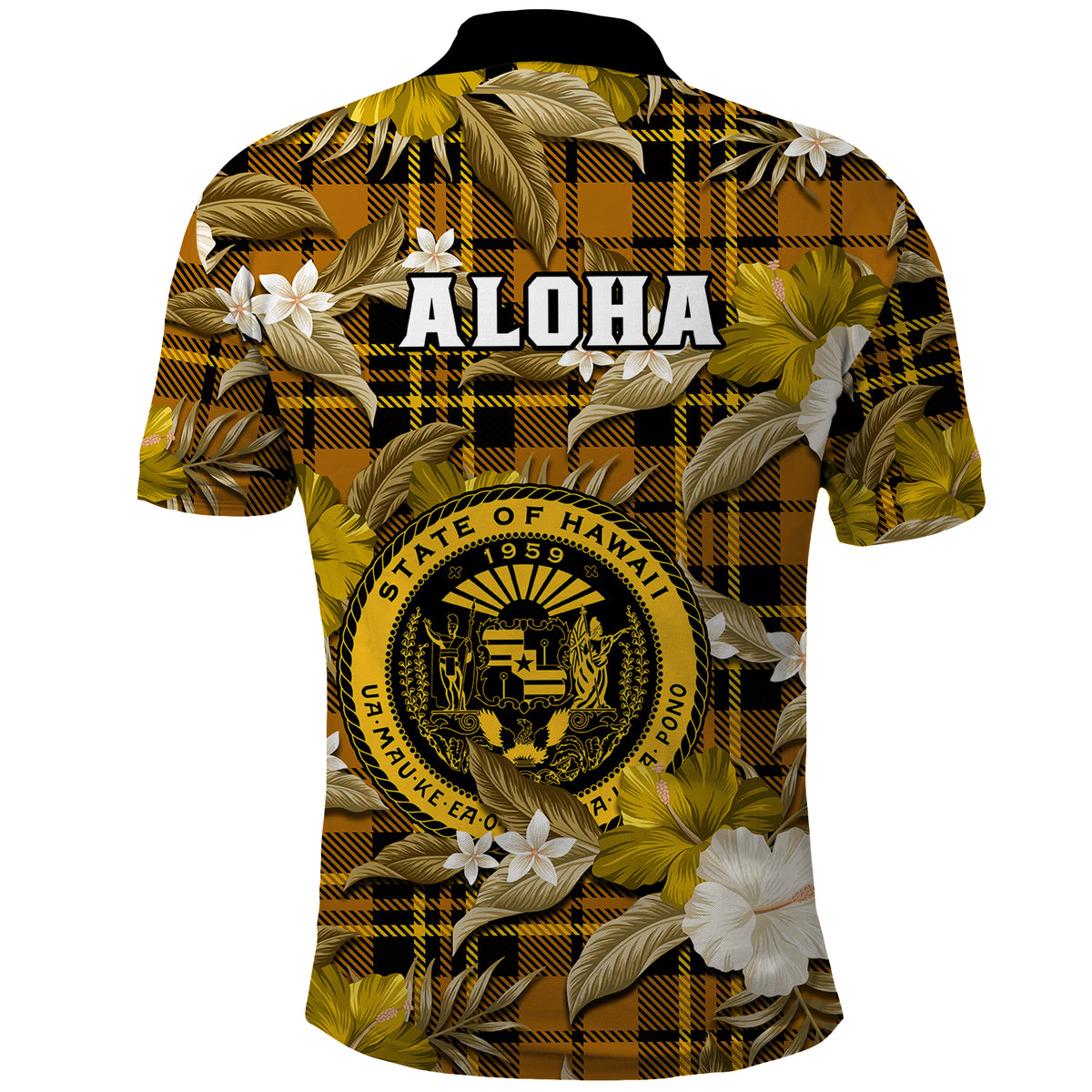 Hawaii State Polo Shirt Tropical Flowers Mix Tartan Gold Version LT14 - Polynesian Pride