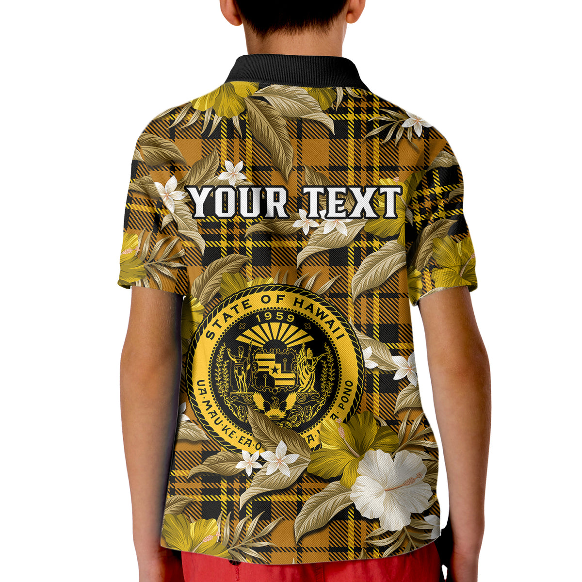 (Custom Personalised) Hawaii State Kid Polo Shirt Tropical Flowers Mix Tartan Gold Version LT14 - Polynesian Pride