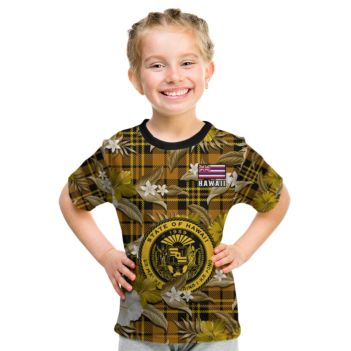 (Custom Personalised) Hawaii State Kid T Shirt Tropical Flowers Mix Tartan Gold Version LT14 Youth XL Size14 - Polynesian Pride