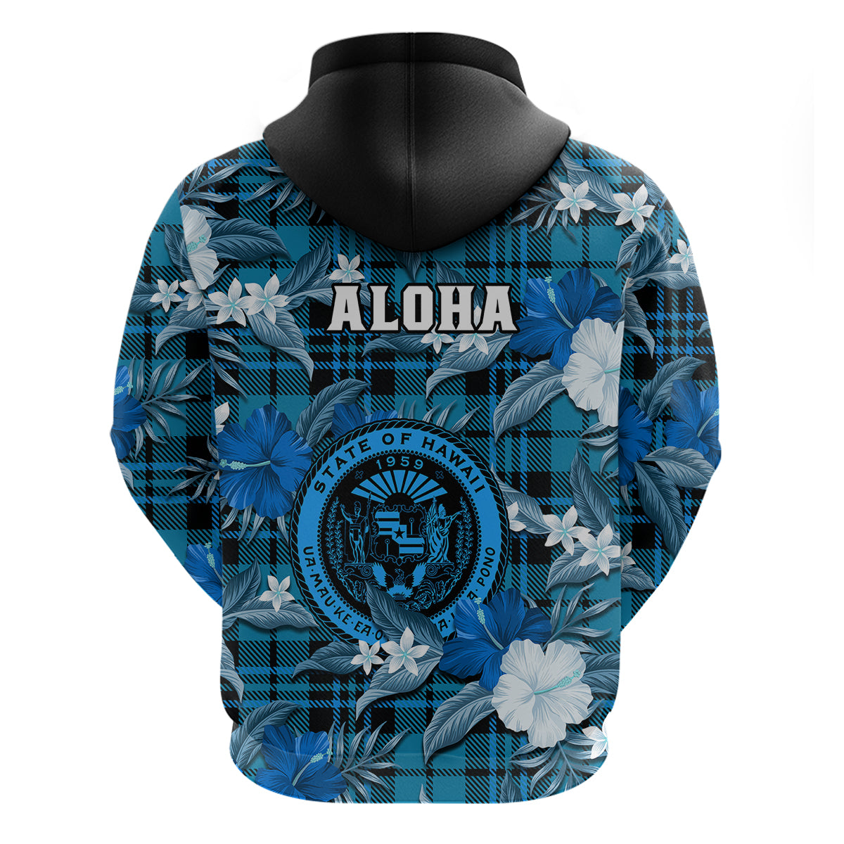 Hawaii State Hoodie Tropical Flowers Mix Tartan Blue Version LT14 - Polynesian Pride