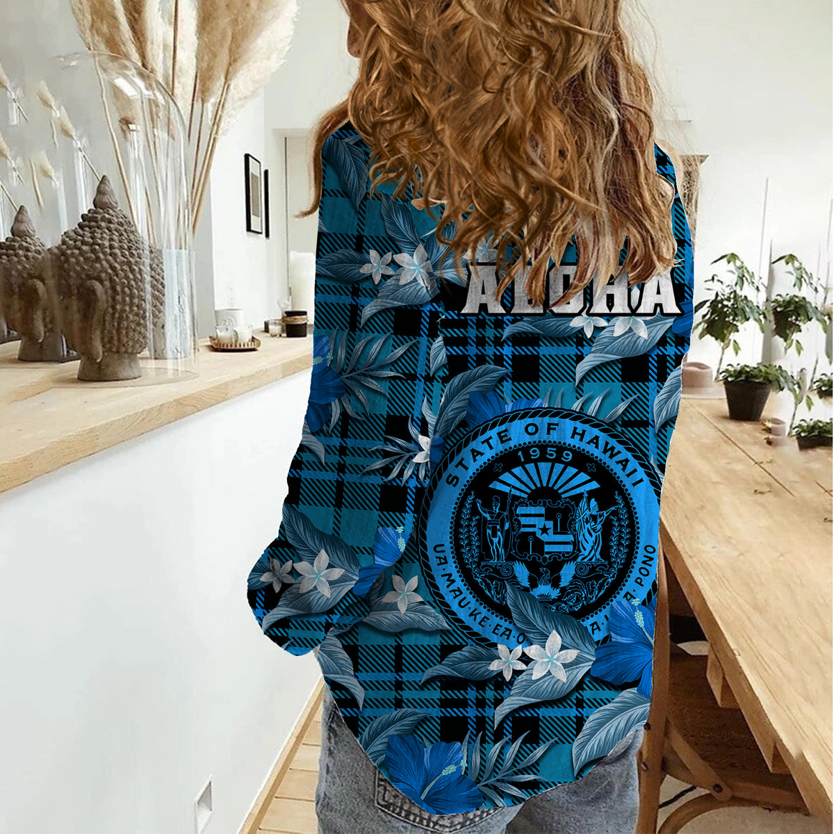 Hawaii State Women Casual Shirt Tropical Flowers Mix Tartan Blue Version LT14 - Polynesian Pride