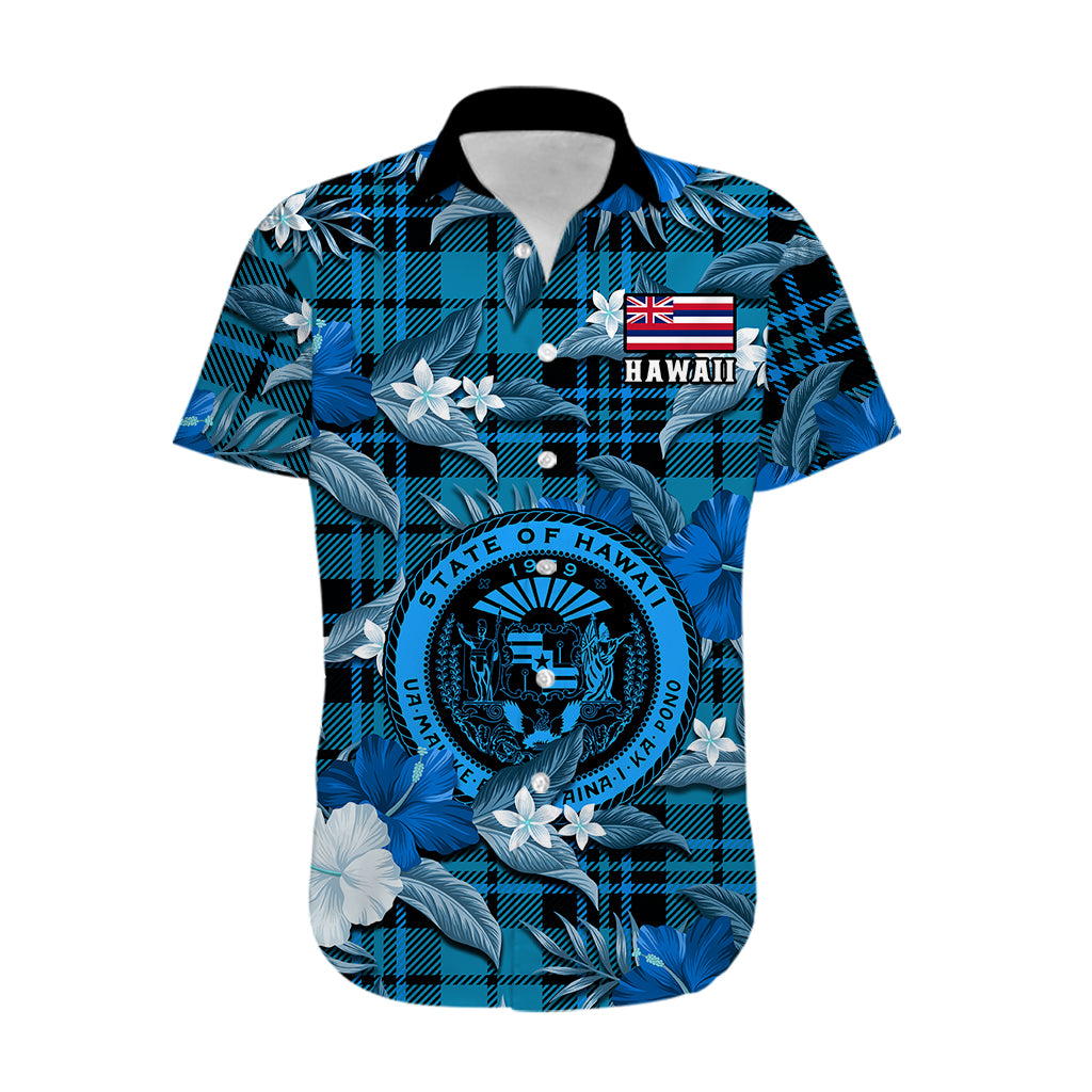 (Custom Personalised) Hawaii State Hawaiian Shirt Tropical Flowers Mix Tartan Blue Version LT14 - Polynesian Pride