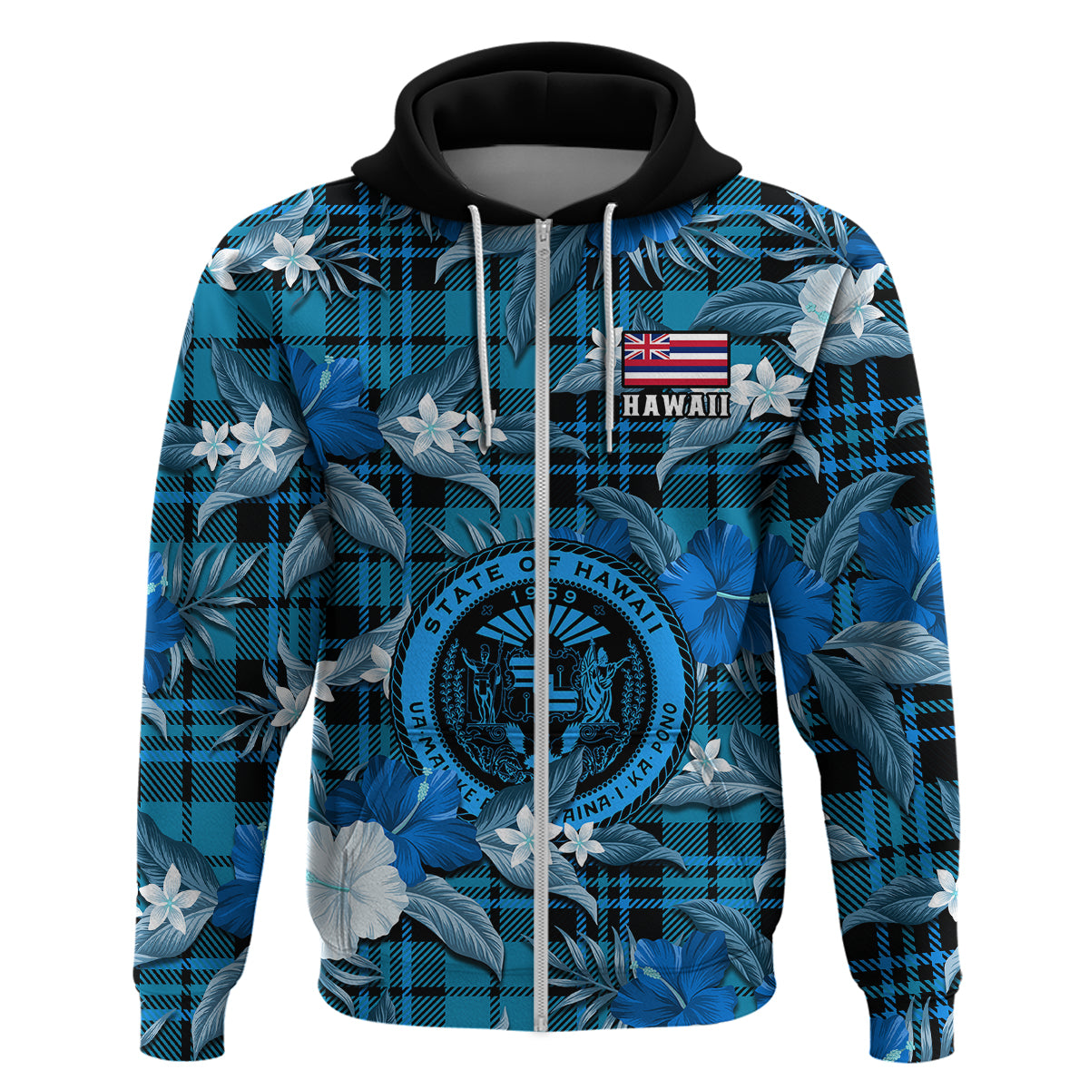 Custom Hawaii State Hoodie Tropical Flowers Mix Tartan Blue Version LT14 - Polynesian Pride