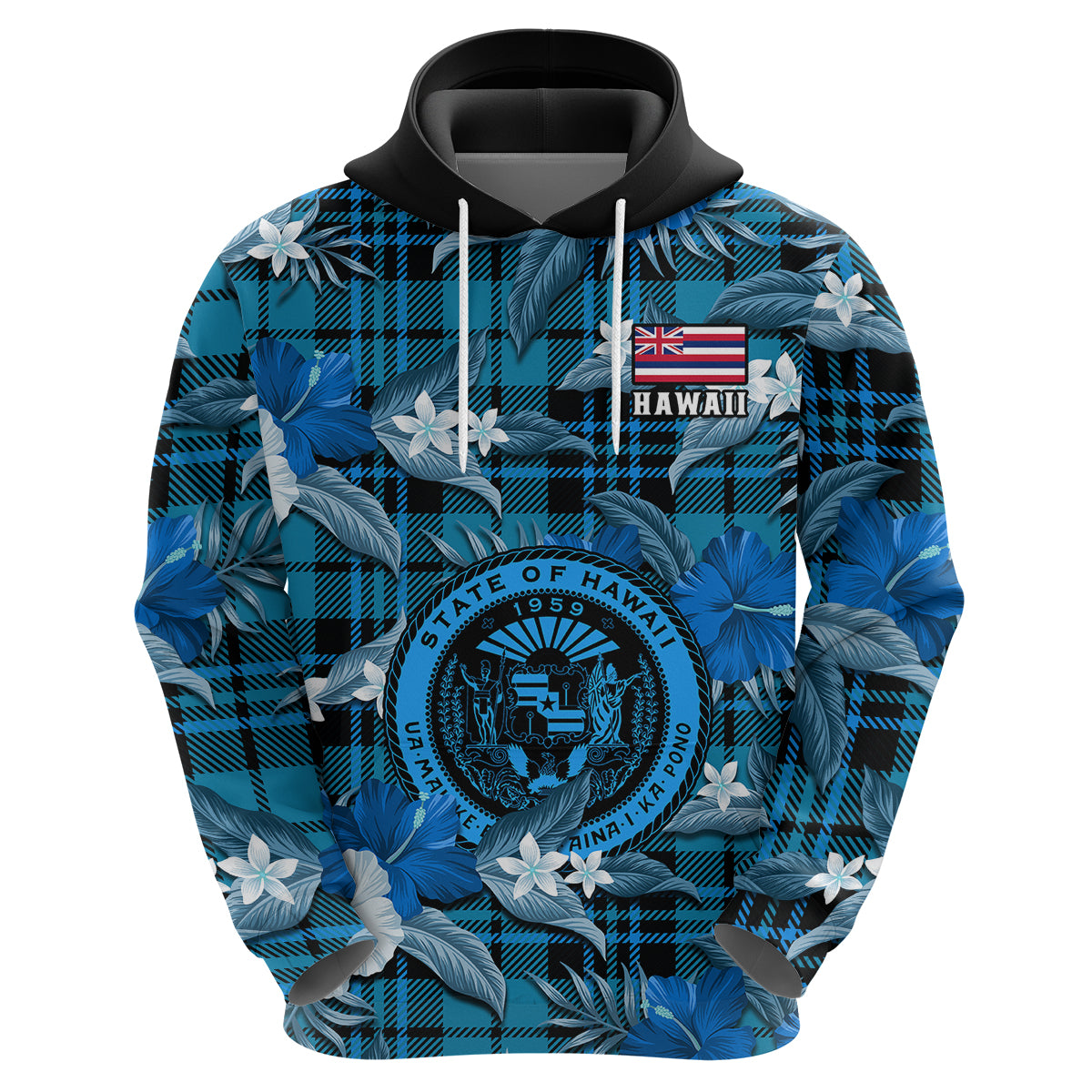 Custom Hawaii State Hoodie Tropical Flowers Mix Tartan Blue Version LT14 Zip Hoodie Blue - Polynesian Pride