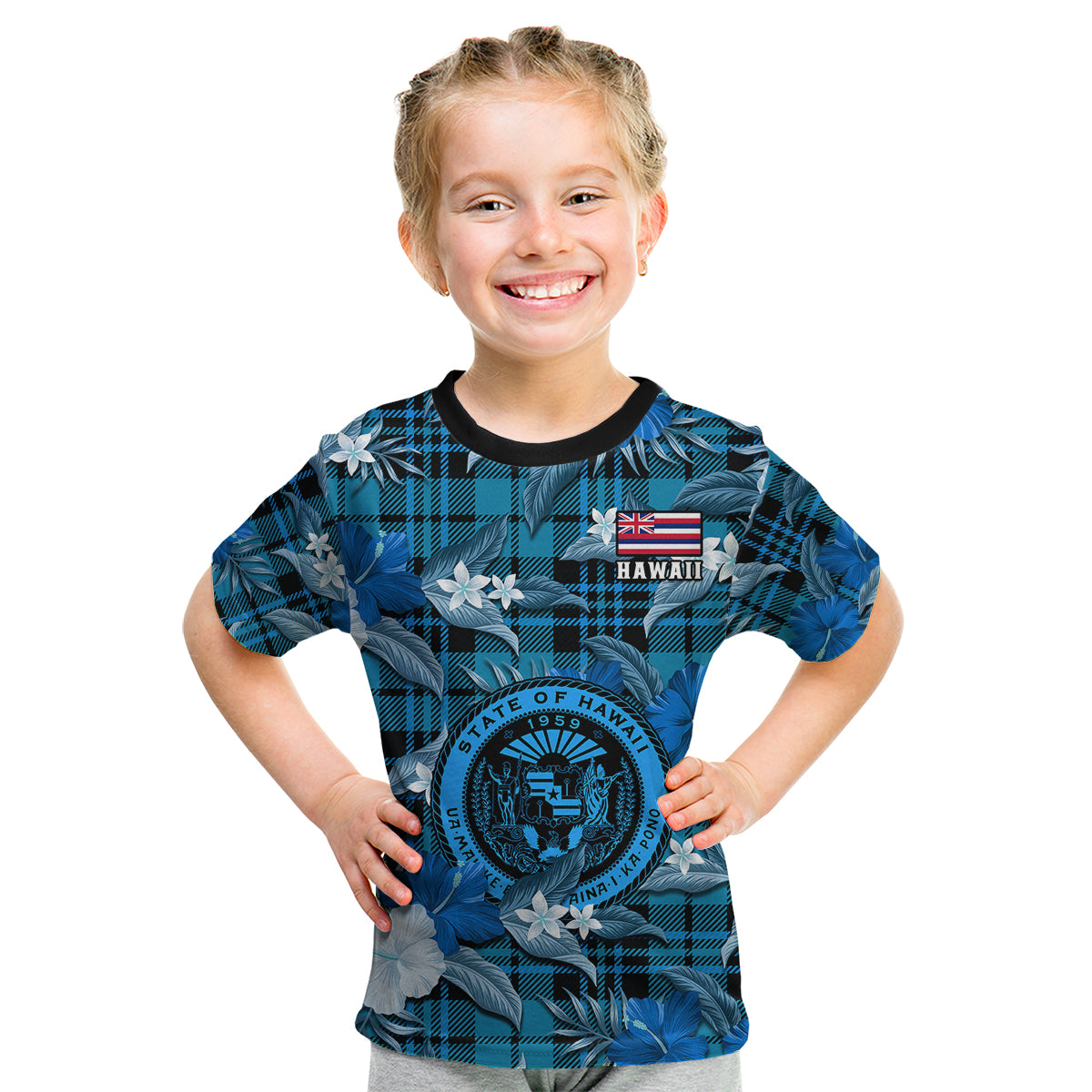 (Custom Personalised) Hawaii State Kid T Shirt Tropical Flowers Mix Tartan Blue Version LT14 Youth XL Size14 - Polynesian Pride