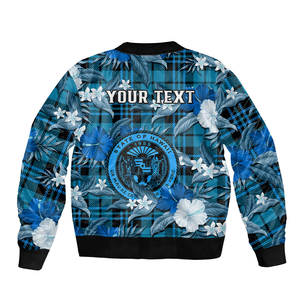 (Custom Personalised) Hawaii State Sleeve Zip Bomber Jacket Tropical Flowers Mix Tartan Blue Version LT14 - Polynesian Pride