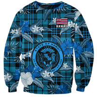 (Custom Personalised) Hawaii State Sweatshirt Tropical Flowers Mix Tartan Blue Version LT14 Unisex Blue - Polynesian Pride