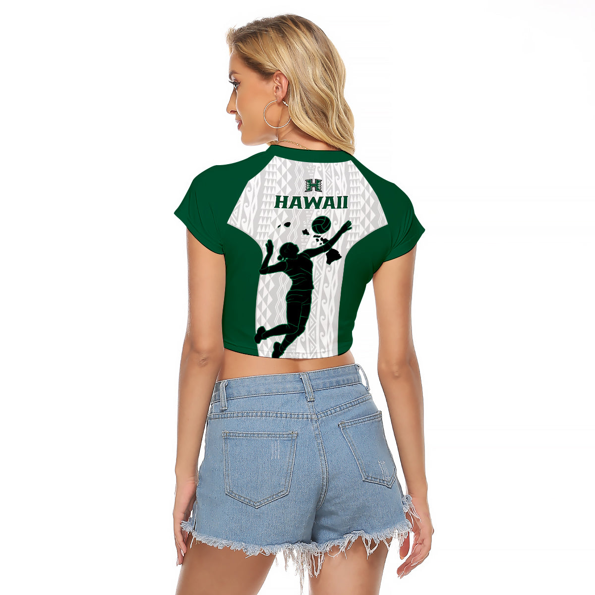 Hawaii Volleyball Raglan Cropped T Shirt Hawaiian Kakau White Style LT14 - Polynesian Pride