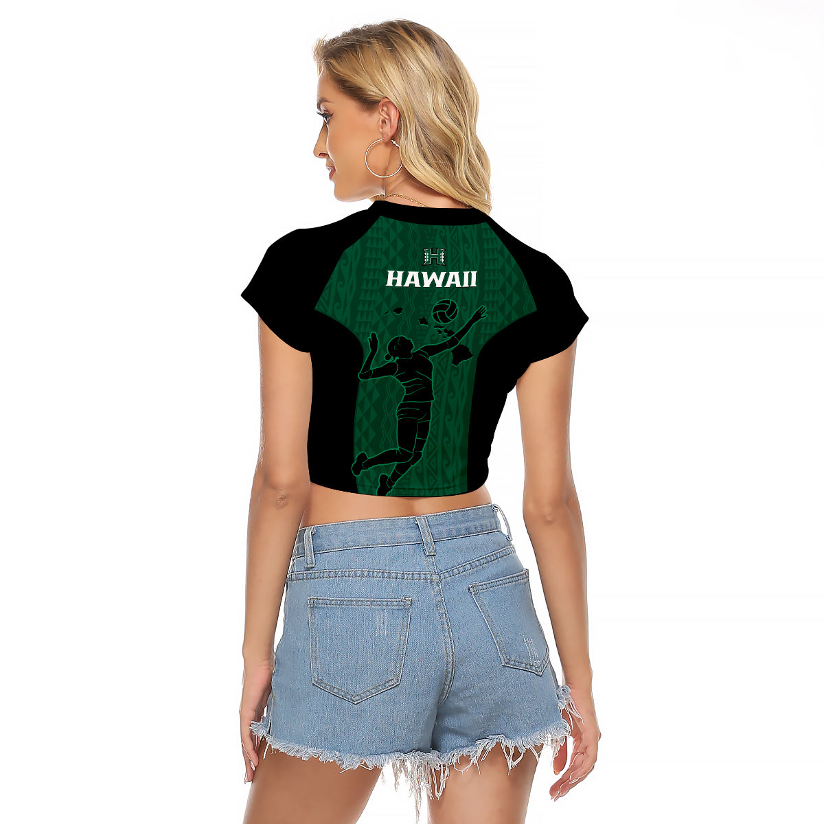 Hawaii Volleyball Raglan Cropped T Shirt Hawaiian Kakau Green Style LT14 - Polynesian Pride
