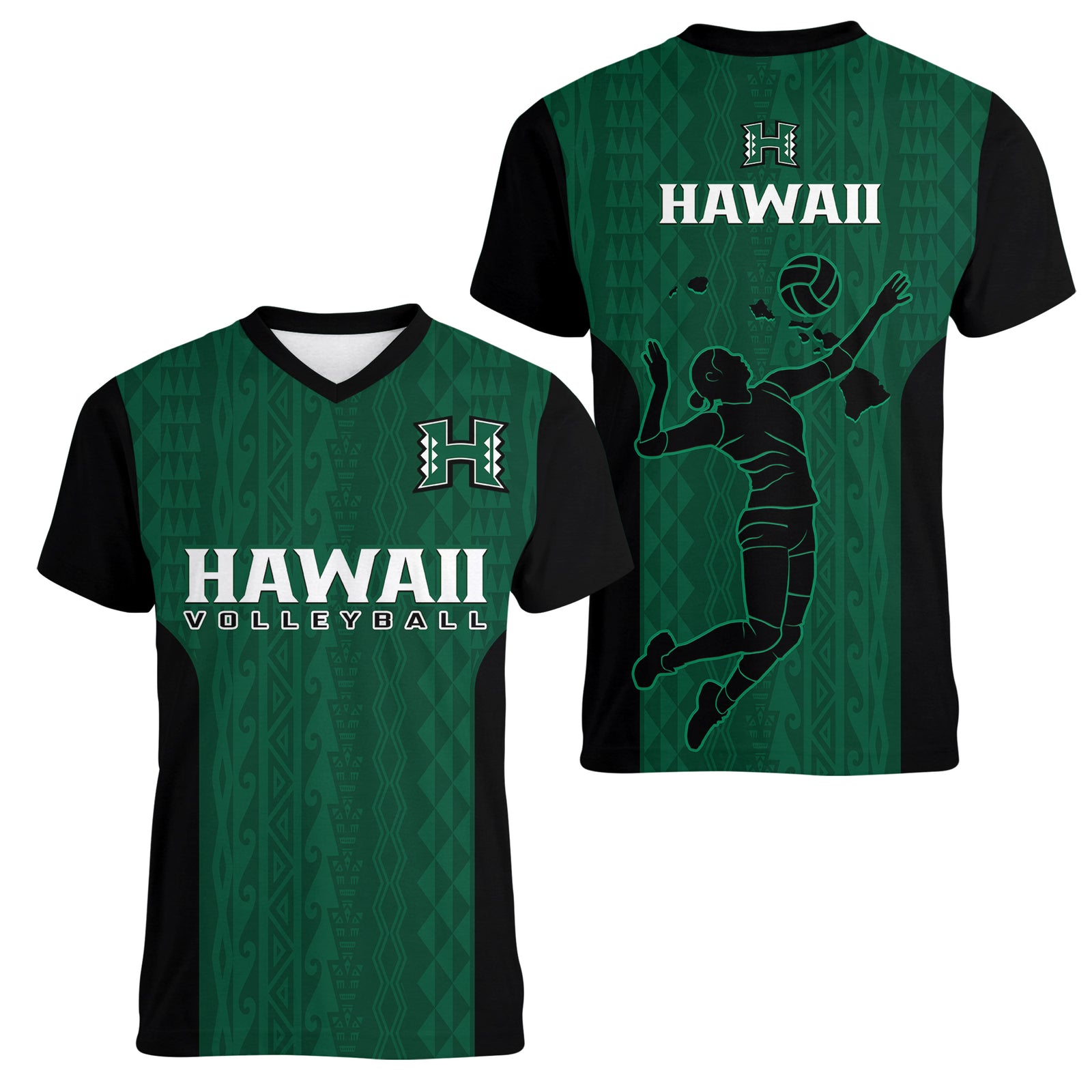 Hawaii Volleyball Women V Neck T Shirt Hawaiian Kakau Green Style LT14 Female Green - Polynesian Pride