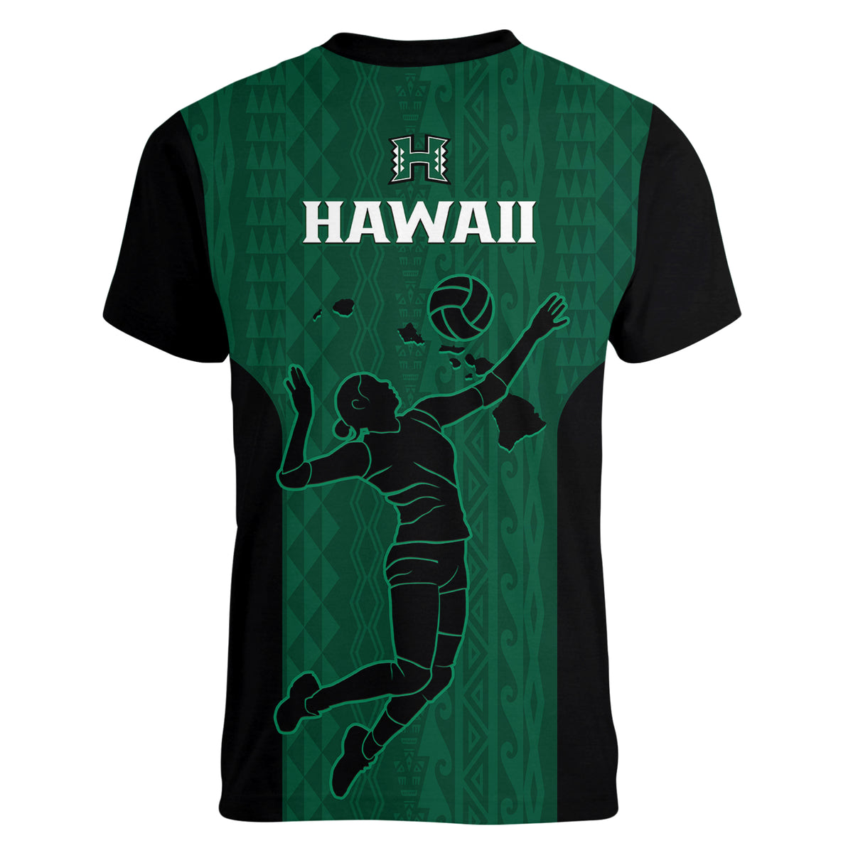 Hawaii Volleyball Women V Neck T Shirt Hawaiian Kakau Green Style LT14 - Polynesian Pride
