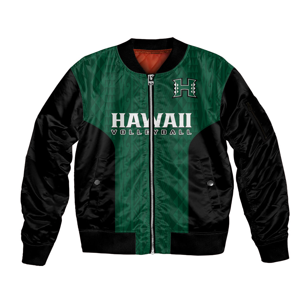 (Custom Text And Number) Hawaii Volleyball Sleeve Zip Bomber Jacket Hawaiian Kakau Green Style LT14 Unisex Green - Polynesian Pride