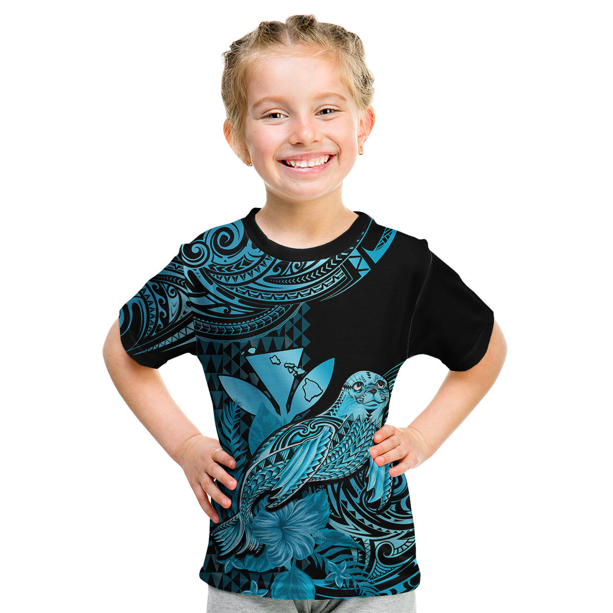 (Custom Personalised) Hawaii Monk Seal Kid T Shirt Polynesian Kakau With Kanaka Turquoise LT14 Youth XL Size14 - Polynesian Pride