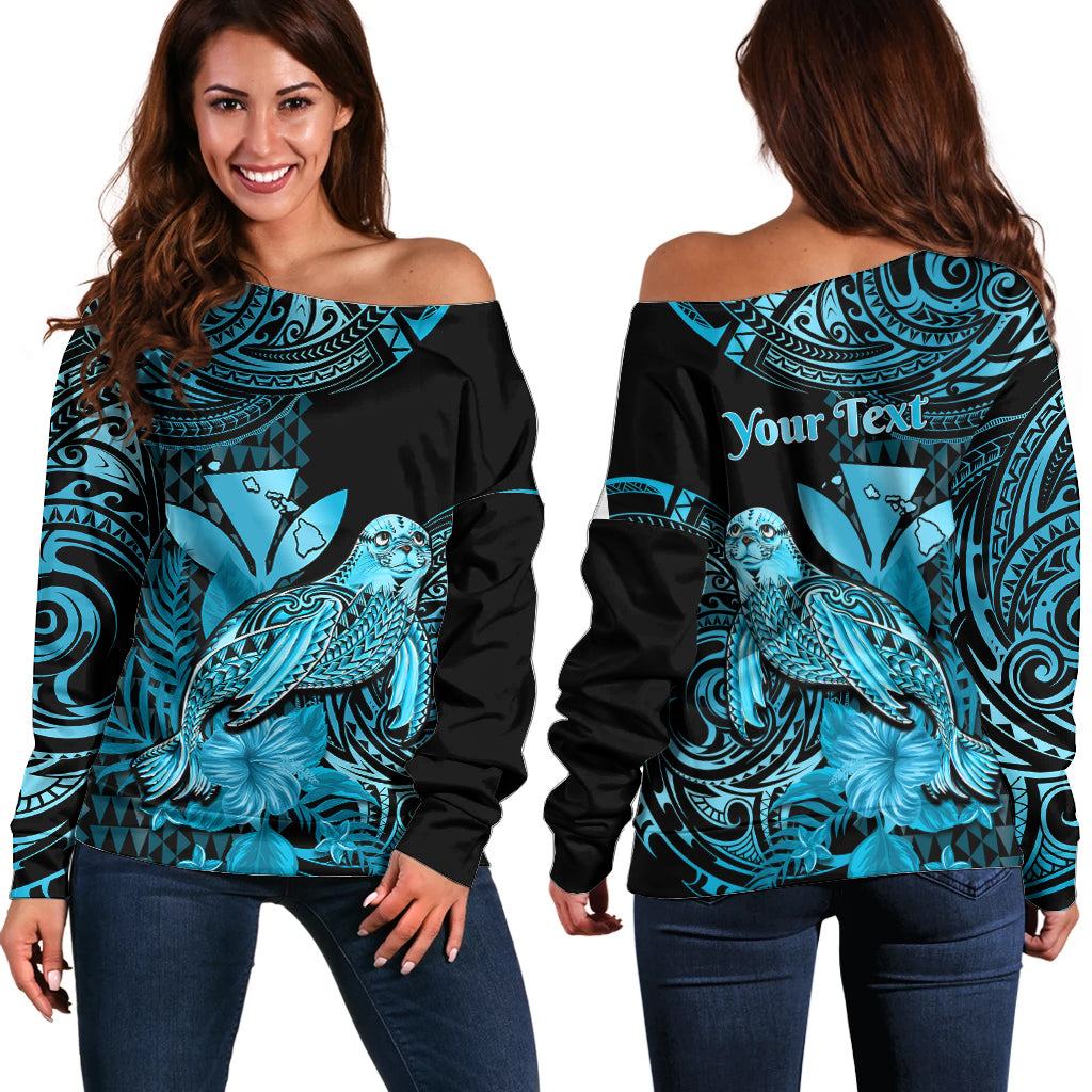 (Custom Personalised) Hawaii Monk Seal Off Shoulder Sweater Polynesian Kakau With Kanaka Turquoise LT14 Women Turquoise - Polynesian Pride