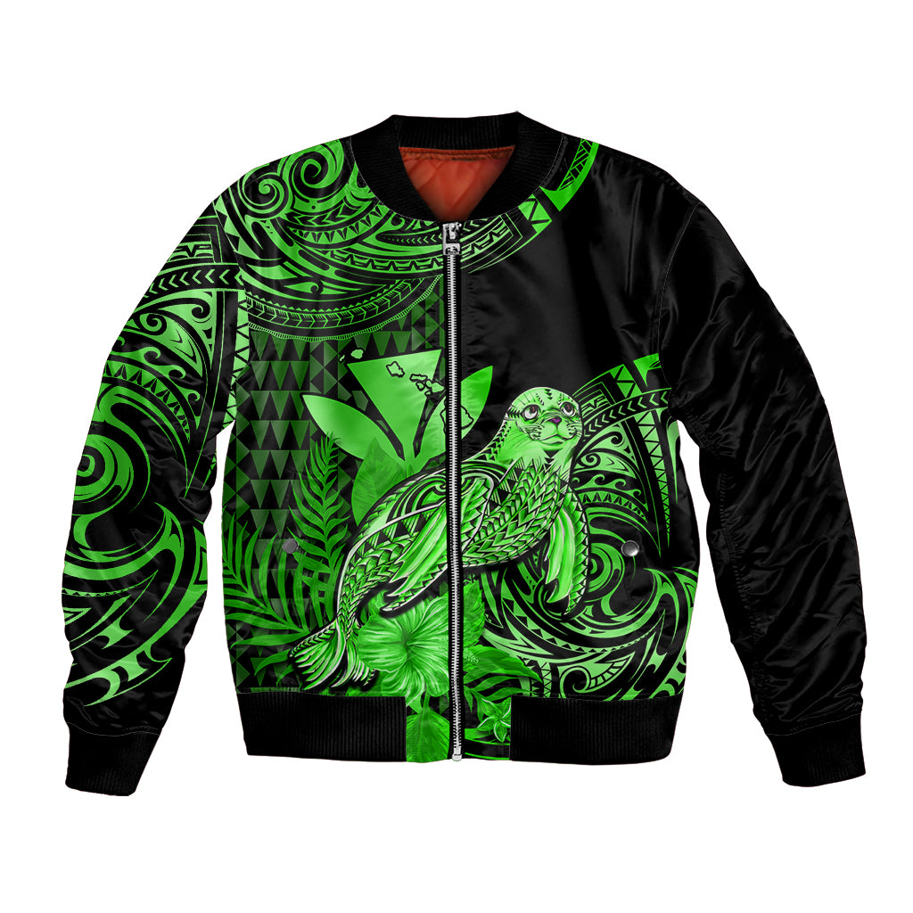 (Custom Personalised) Hawaii Monk Seal Bomber Jacket Polynesian Kakau With Kanaka Green LT14 Unisex Green - Polynesian Pride