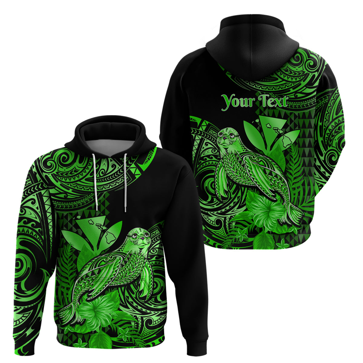 Custom Hawaii Monk Seal Hoodie Polynesian Kakau With Kanaka Green LT14 Pullover Hoodie Green - Polynesian Pride