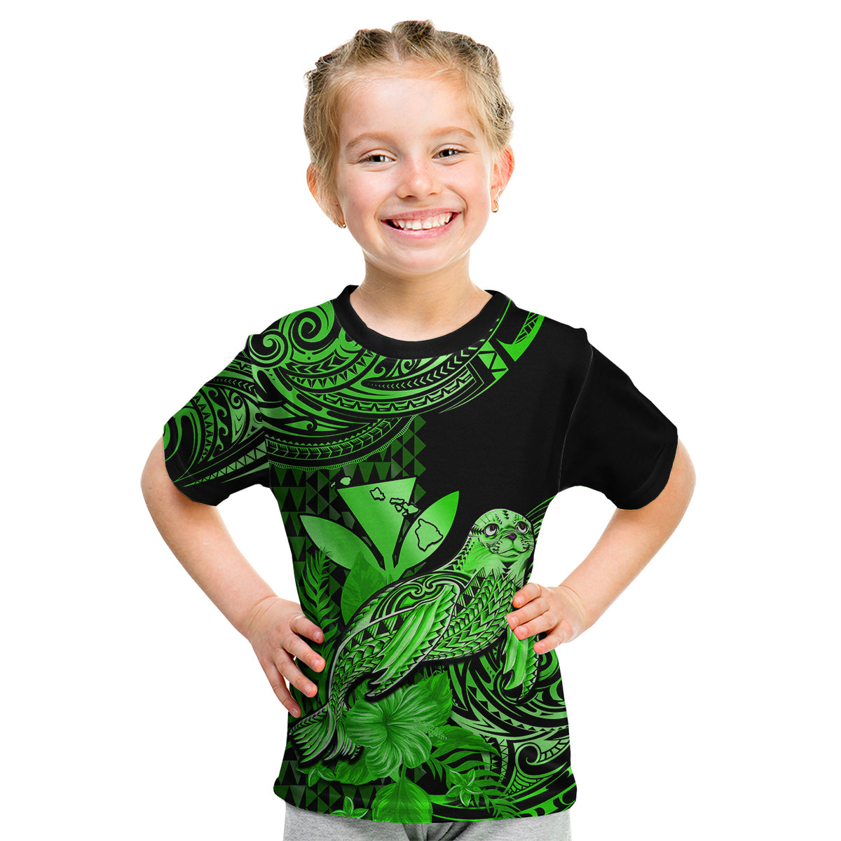 (Custom Personalised) Hawaii Monk Seal Kid T Shirt Polynesian Kakau With Kanaka Green LT14 Youth XL Size14 - Polynesian Pride