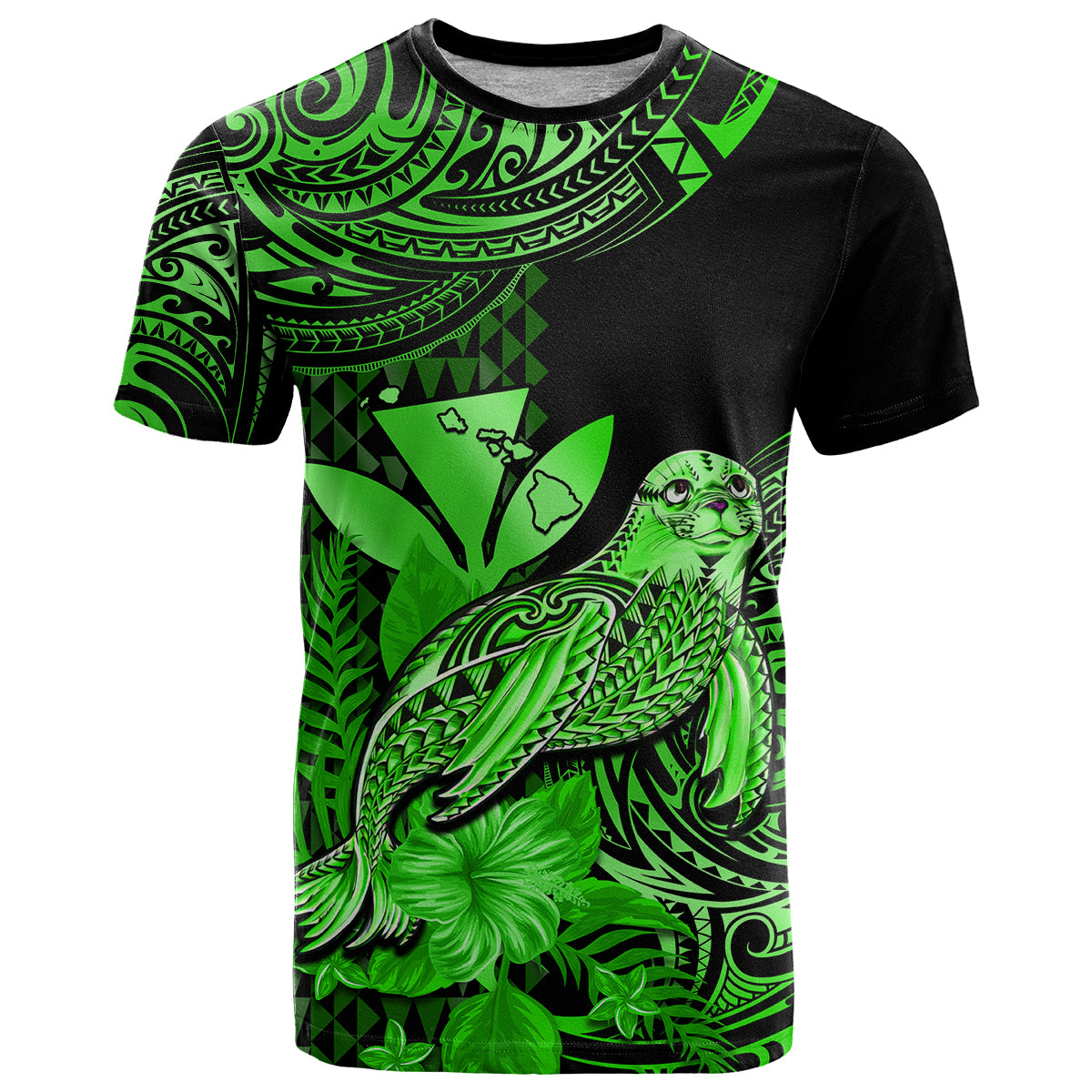 Custom Hawaii Monk Seal T Shirt Polynesian Kakau With Kanaka Green LT14 Green - Polynesian Pride