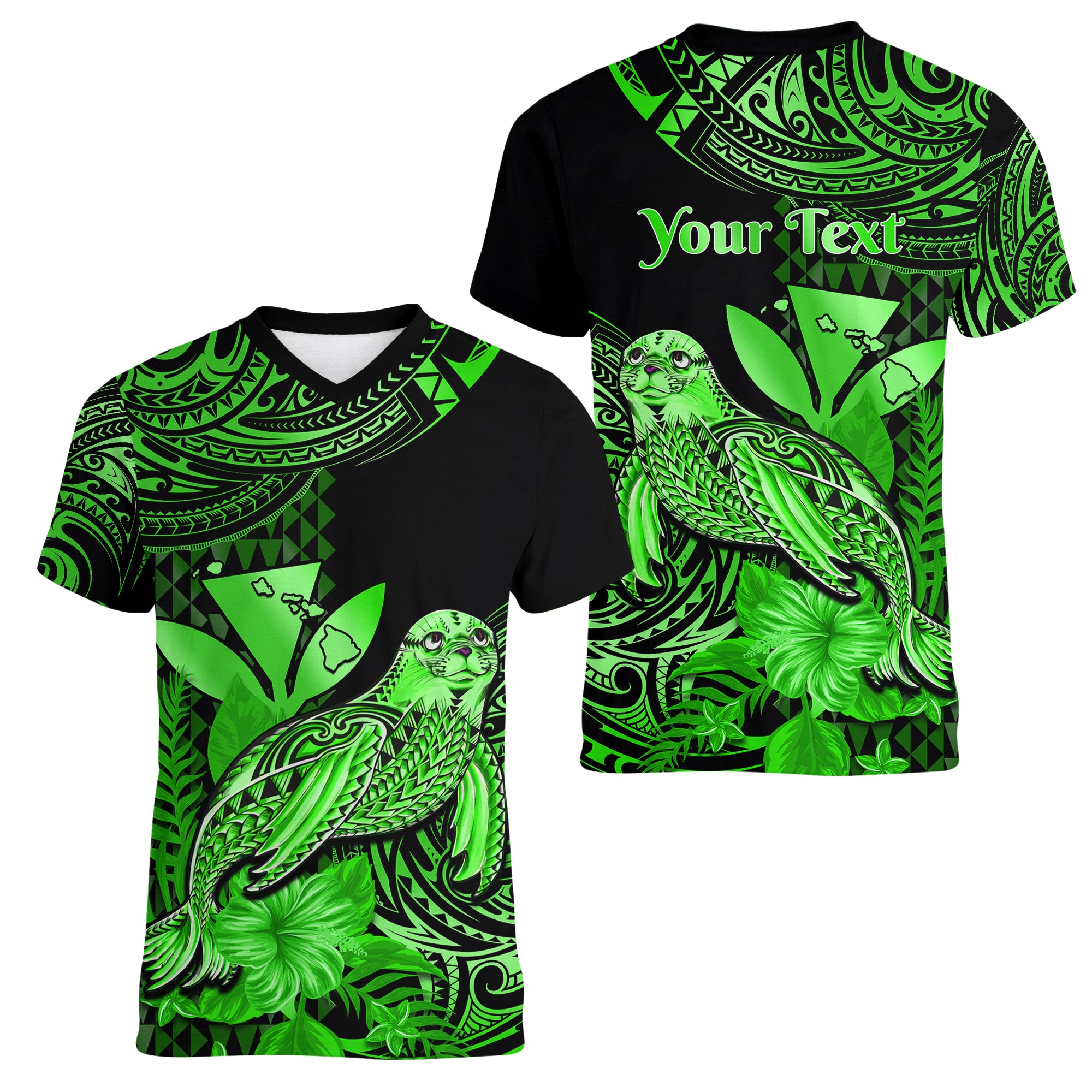 (Custom Personalised) Hawaii Monk Seal Women V Neck T Shirt Polynesian Kakau With Kanaka Green LT14 Female Green - Polynesian Pride