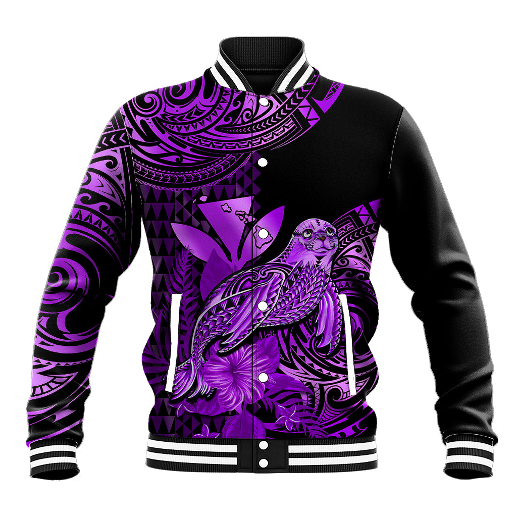 (Custom Personalised) Hawaii Monk Seal Baseball Jacket Polynesian Kakau With Kanaka Purple LT14 Unisex Purple - Polynesian Pride