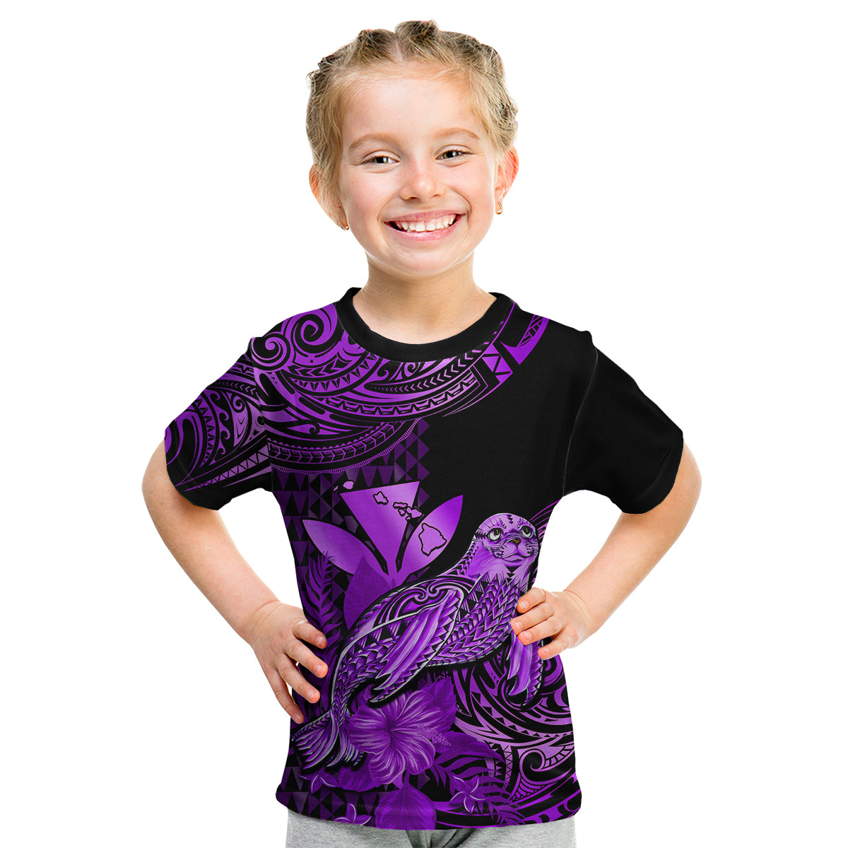 (Custom Personalised) Hawaii Monk Seal Kid T Shirt Polynesian Kakau With Kanaka Purple LT14 Youth XL Size14 - Polynesian Pride