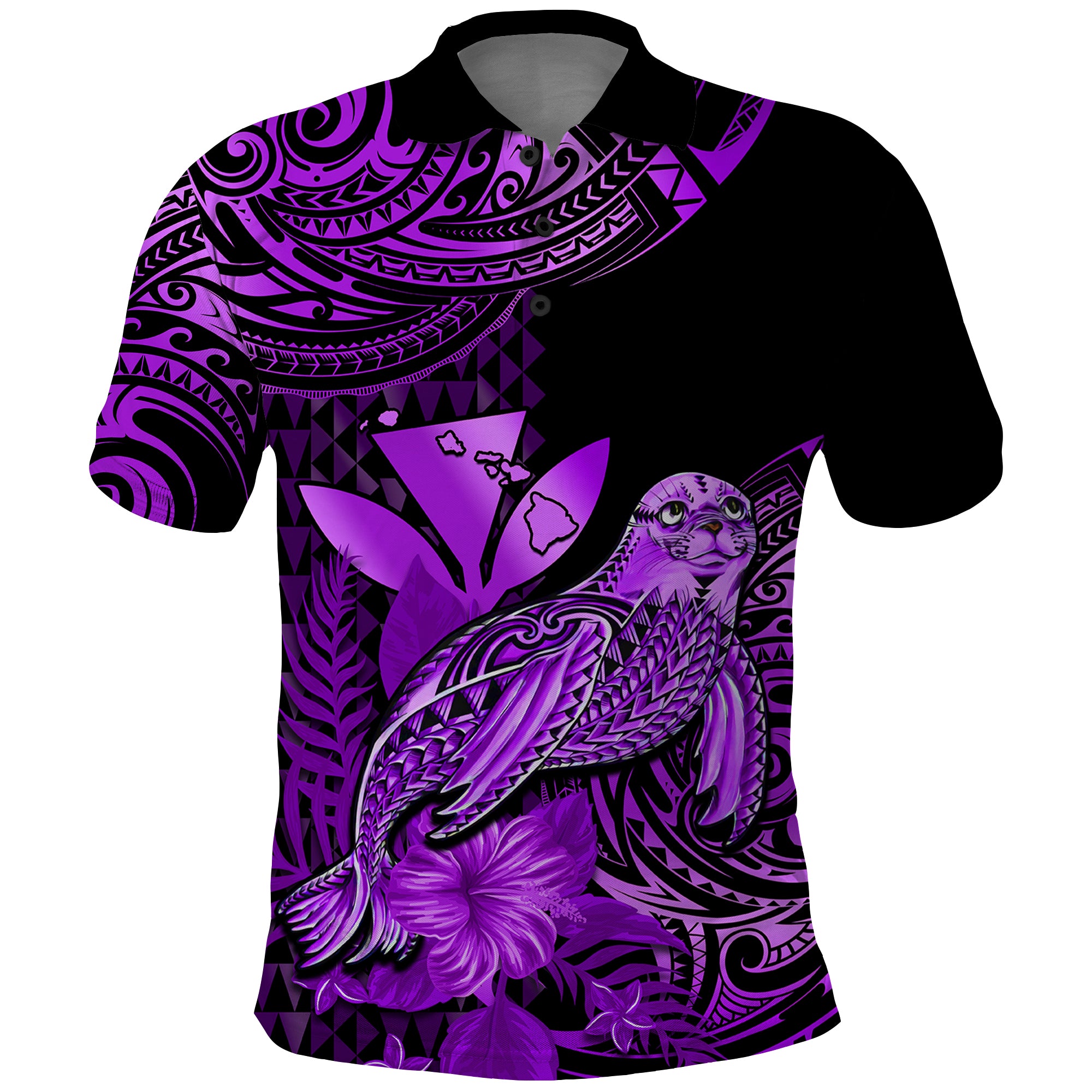 Custom Hawaii Monk Seal Polo Shirt Polynesian Kakau With Kanaka Purple LT14 Purple - Polynesian Pride