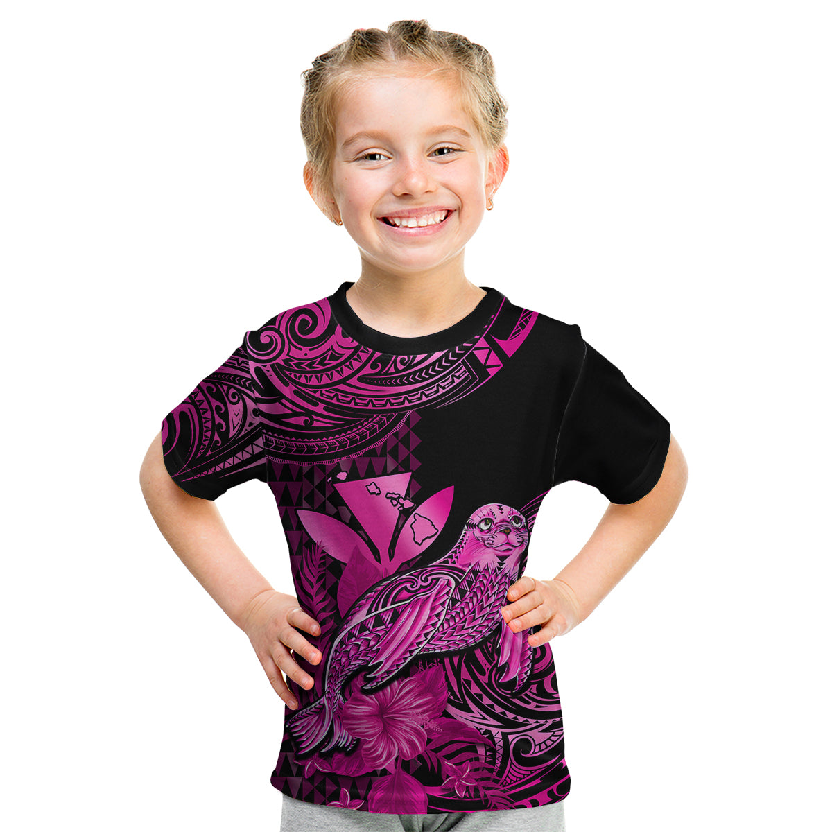 (Custom Personalised) Hawaii Monk Seal Kid T Shirt Polynesian Kakau With Kanaka Pink LT14 Youth XL Size14 - Polynesian Pride