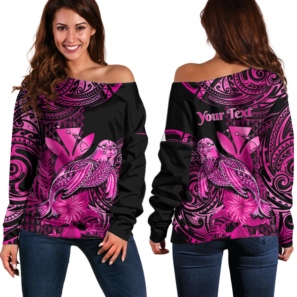 (Custom Personalised) Hawaii Monk Seal Off Shoulder Sweater Polynesian Kakau With Kanaka Pink LT14 Women Pink - Polynesian Pride