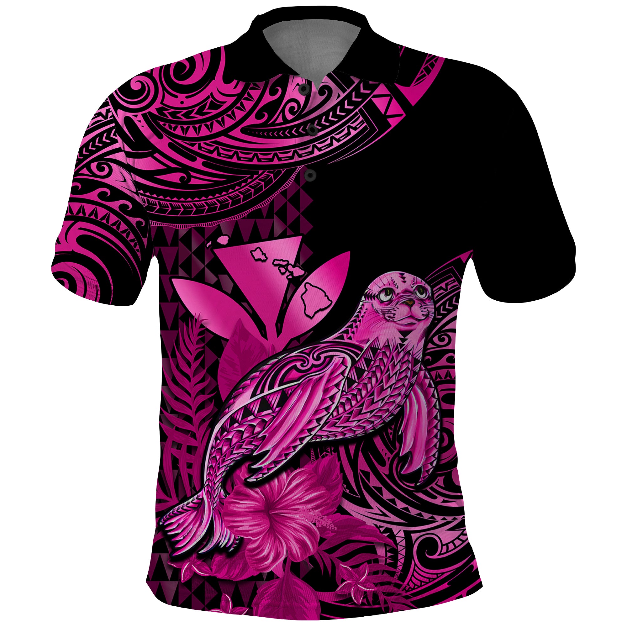 Custom Hawaii Monk Seal Polo Shirt Polynesian Kakau With Kanaka Pink LT14 Pink - Polynesian Pride