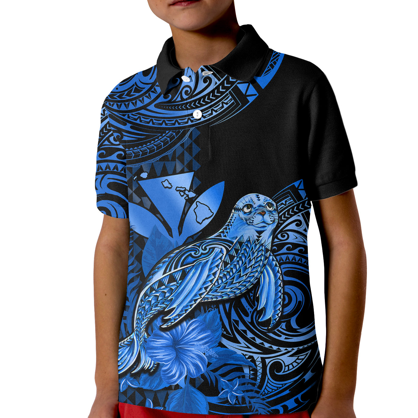 (Custom Personalised) Hawaii Monk Seal Kid Polo Shirt Polynesian Kakau With Kanaka Blue LT14 Kid Blue - Polynesian Pride