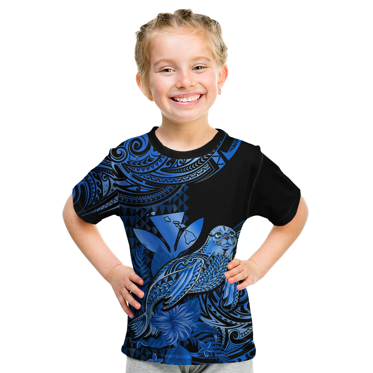(Custom Personalised) Hawaii Monk Seal Kid T Shirt Polynesian Kakau With Kanaka Blue LT14 Youth XL Size14 - Polynesian Pride