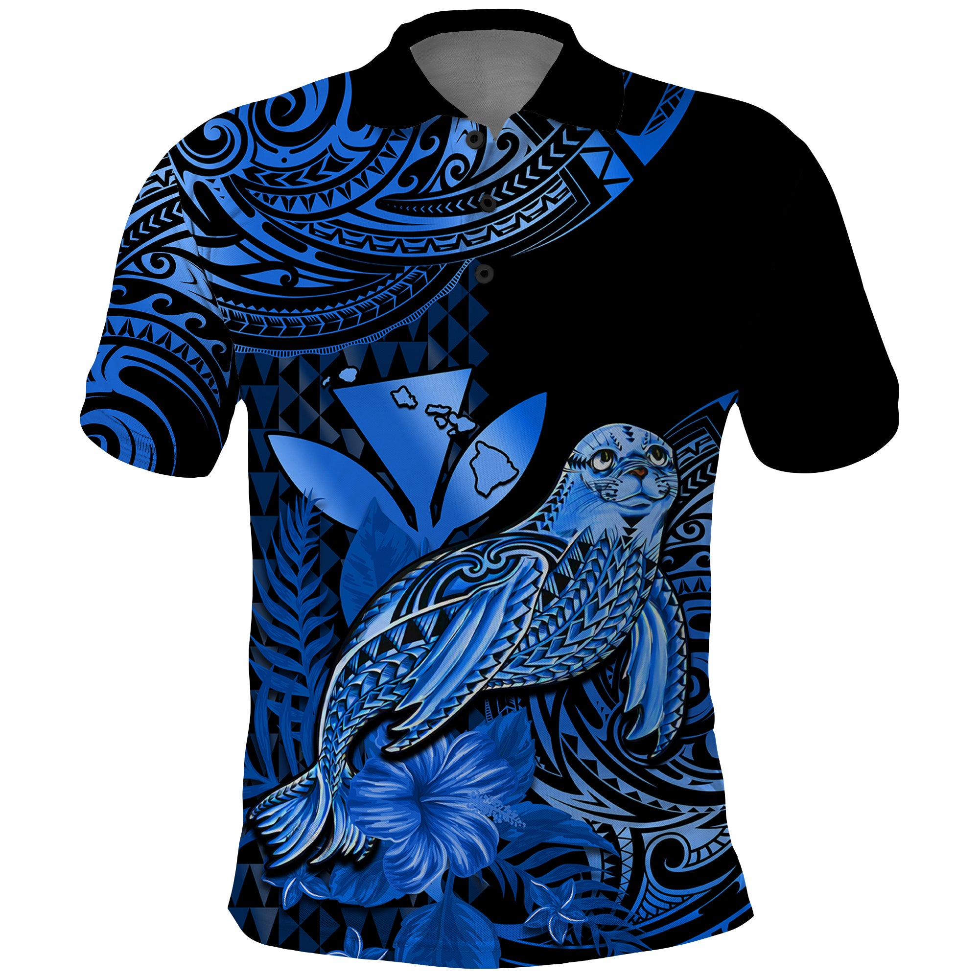 Custom Hawaii Monk Seal Polo Shirt Polynesian Kakau With Kanaka Blue LT14 Blue - Polynesian Pride