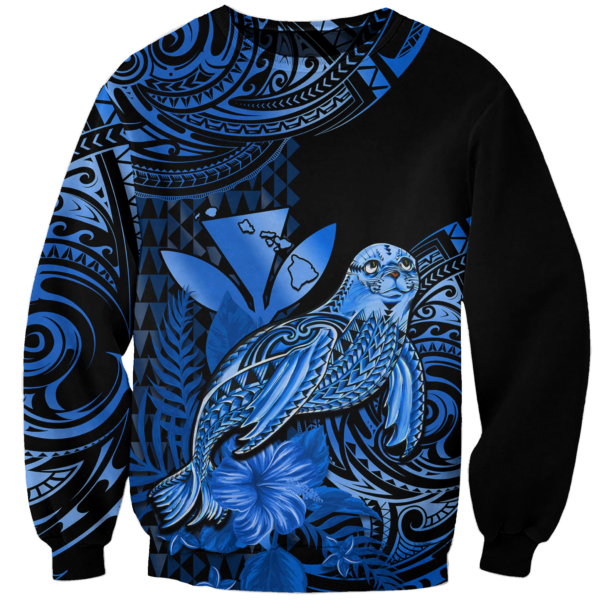 (Custom Personalised) Hawaii Monk Seal Sweatshirt Polynesian Kakau With Kanaka Blue LT14 Unisex Blue - Polynesian Pride