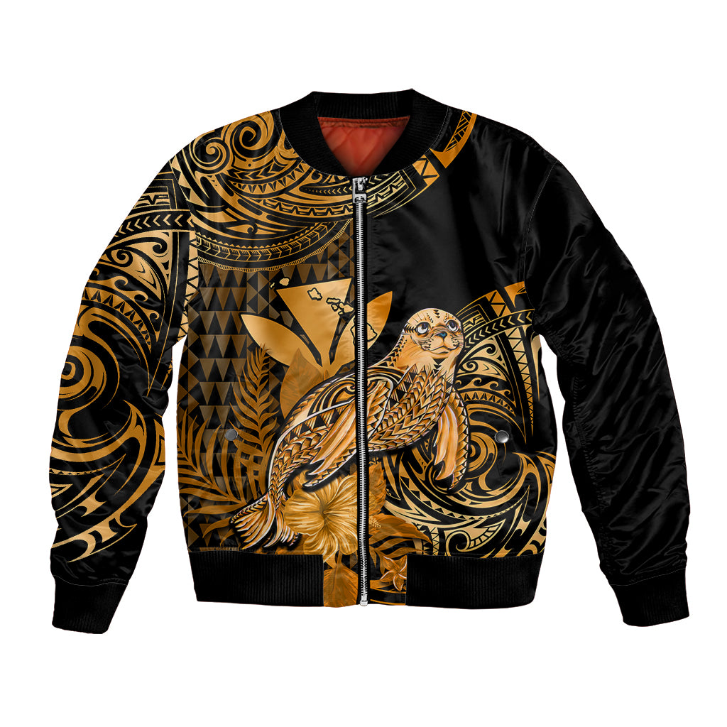 (Custom Personalised) Hawaii Monk Seal Bomber Jacket Polynesian Kakau With Kanaka Gold LT14 Unisex Gold - Polynesian Pride