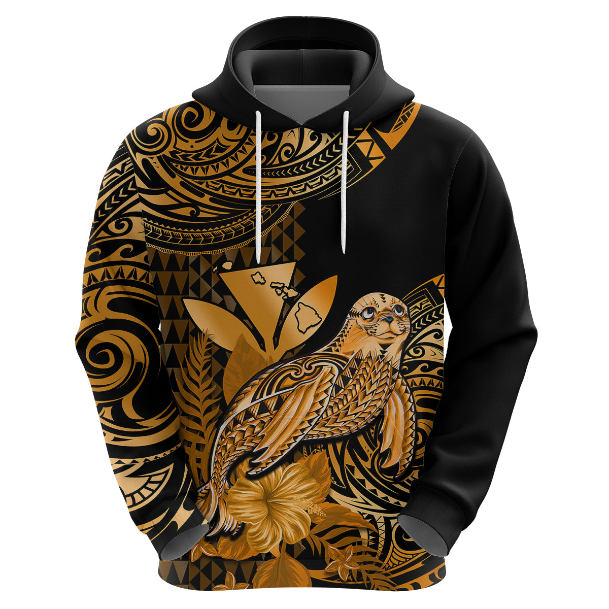 Custom Hawaii Monk Seal Hoodie Polynesian Kakau With Kanaka Gold LT14 Zip Hoodie Gold - Polynesian Pride