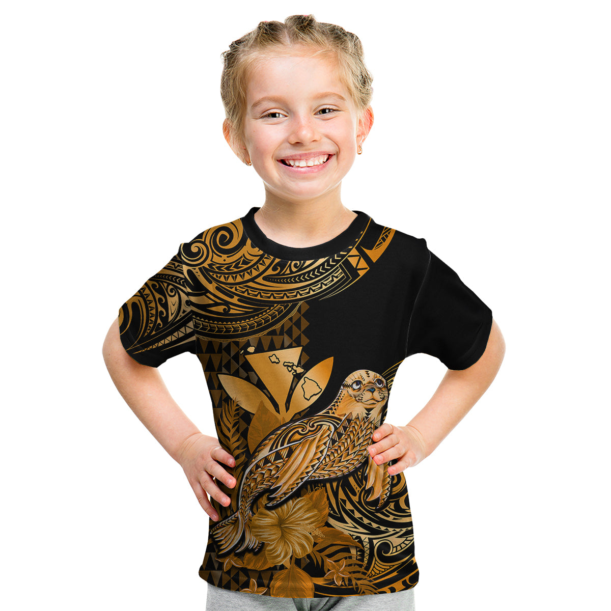 (Custom Personalised) Hawaii Monk Seal Kid T Shirt Polynesian Kakau With Kanaka Gold LT14 Youth XL Size14 - Polynesian Pride