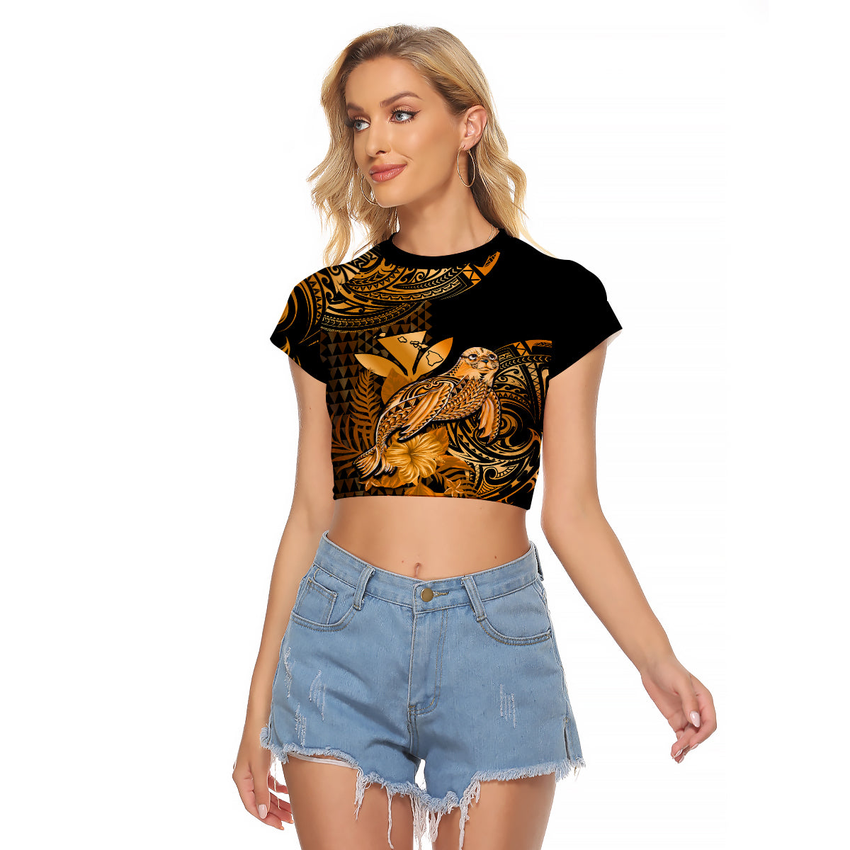 (Custom Personalised) Hawaii Monk Seal Raglan Cropped T Shirt Polynesian Kakau With Kanaka Gold LT14 Female Gold - Polynesian Pride