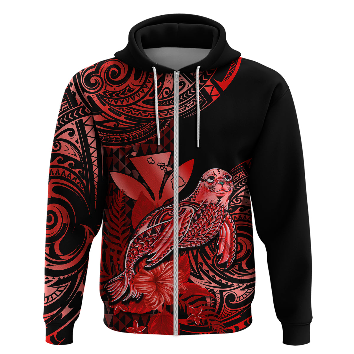 Custom Hawaii Monk Seal Hoodie Polynesian Kakau With Kanaka Red LT14 - Polynesian Pride