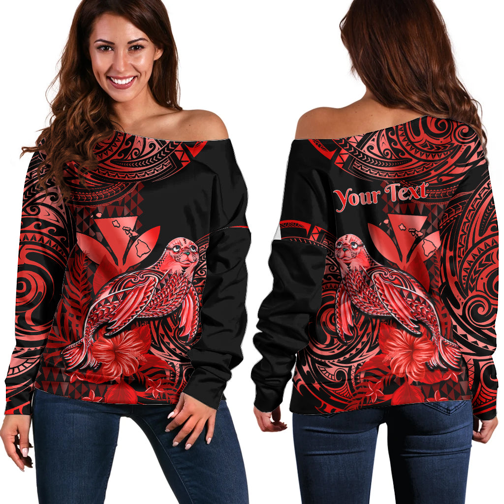 (Custom Personalised) Hawaii Monk Seal Off Shoulder Sweater Polynesian Kakau With Kanaka Red LT14 Women Red - Polynesian Pride