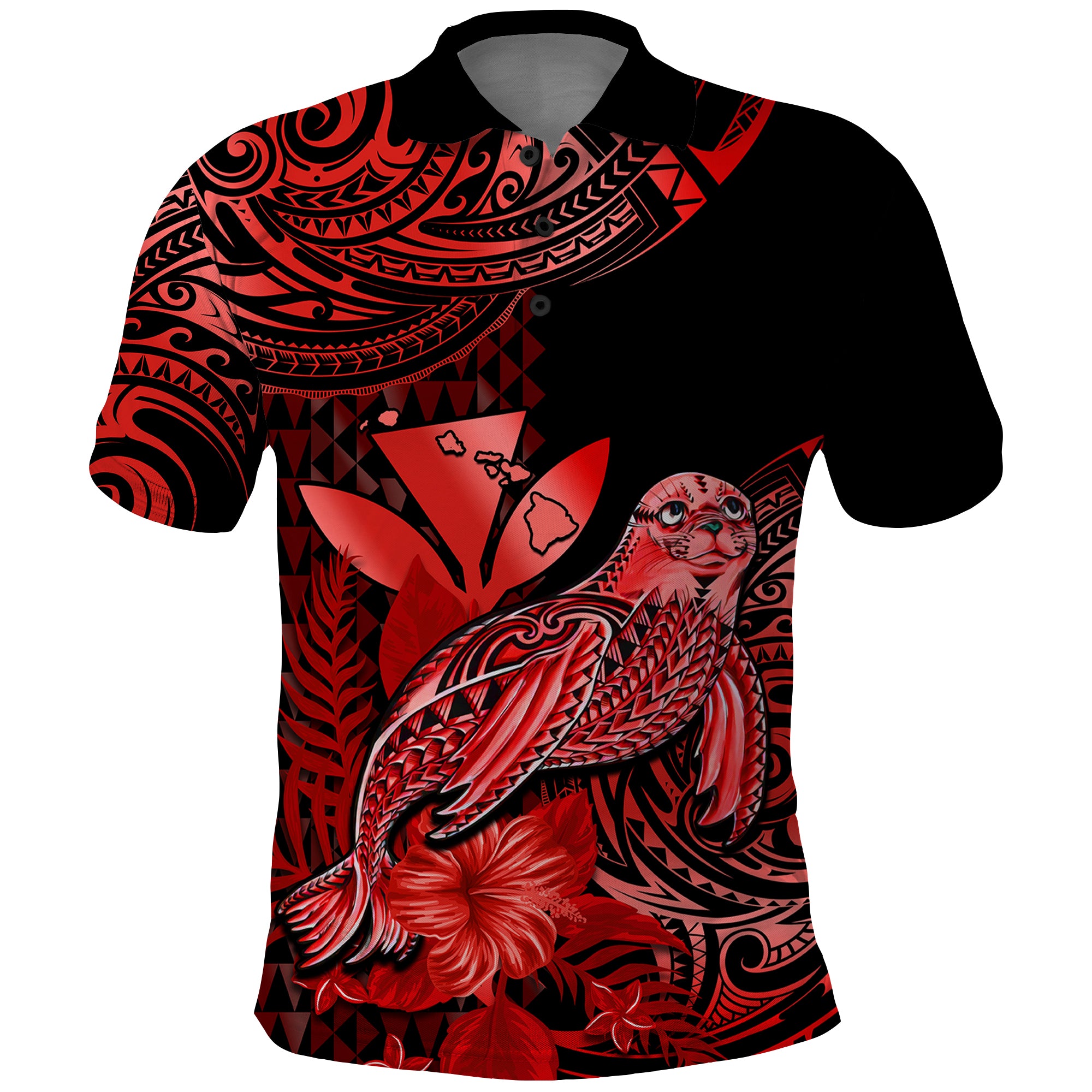 Custom Hawaii Monk Seal Polo Shirt Polynesian Kakau With Kanaka Red LT14 Red - Polynesian Pride