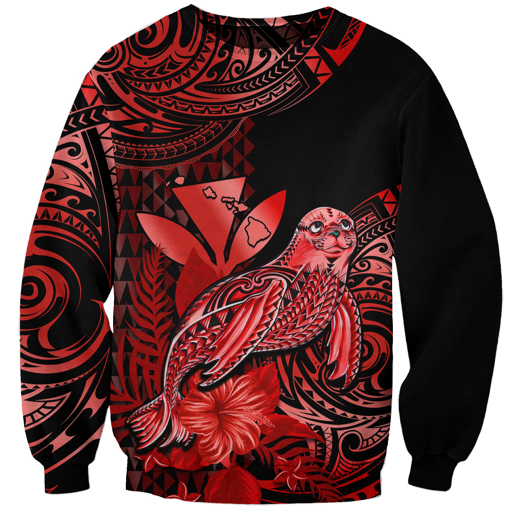 (Custom Personalised) Hawaii Monk Seal Sweatshirt Polynesian Kakau With Kanaka Red LT14 Unisex Red - Polynesian Pride