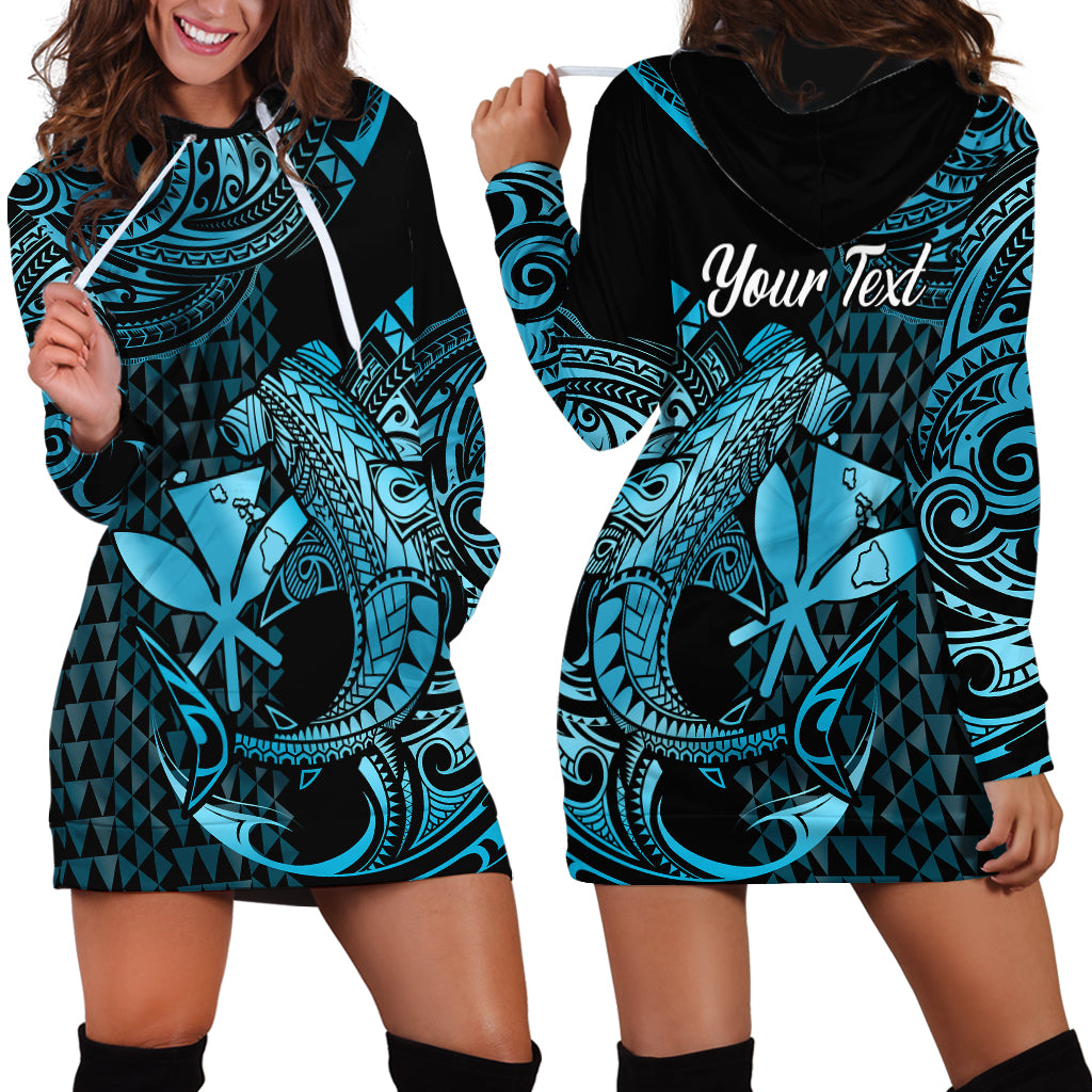 (Custom Personalised) Hawaii Hammerhead Shark Hoodie Dress Polynesian Kakau With Kanaka Turquoise LT14 Turquoise - Polynesian Pride