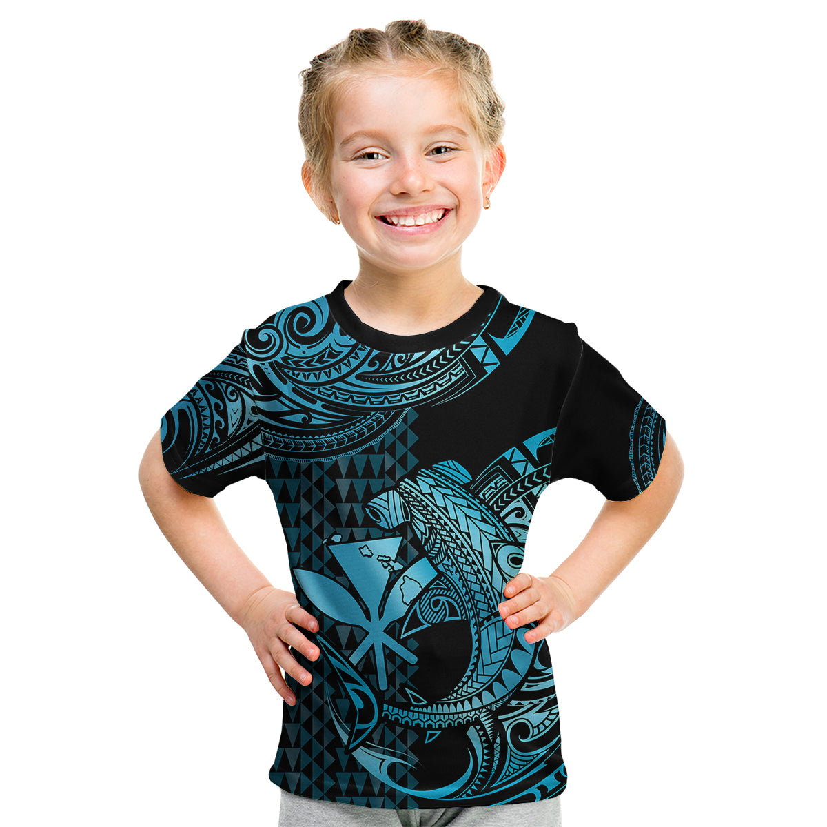 (Custom Personalised) Hawaii Hammerhead Shark Kid T Shirt Polynesian Kakau With Kanaka Turquoise LT14 Youth XL Size14 - Polynesian Pride