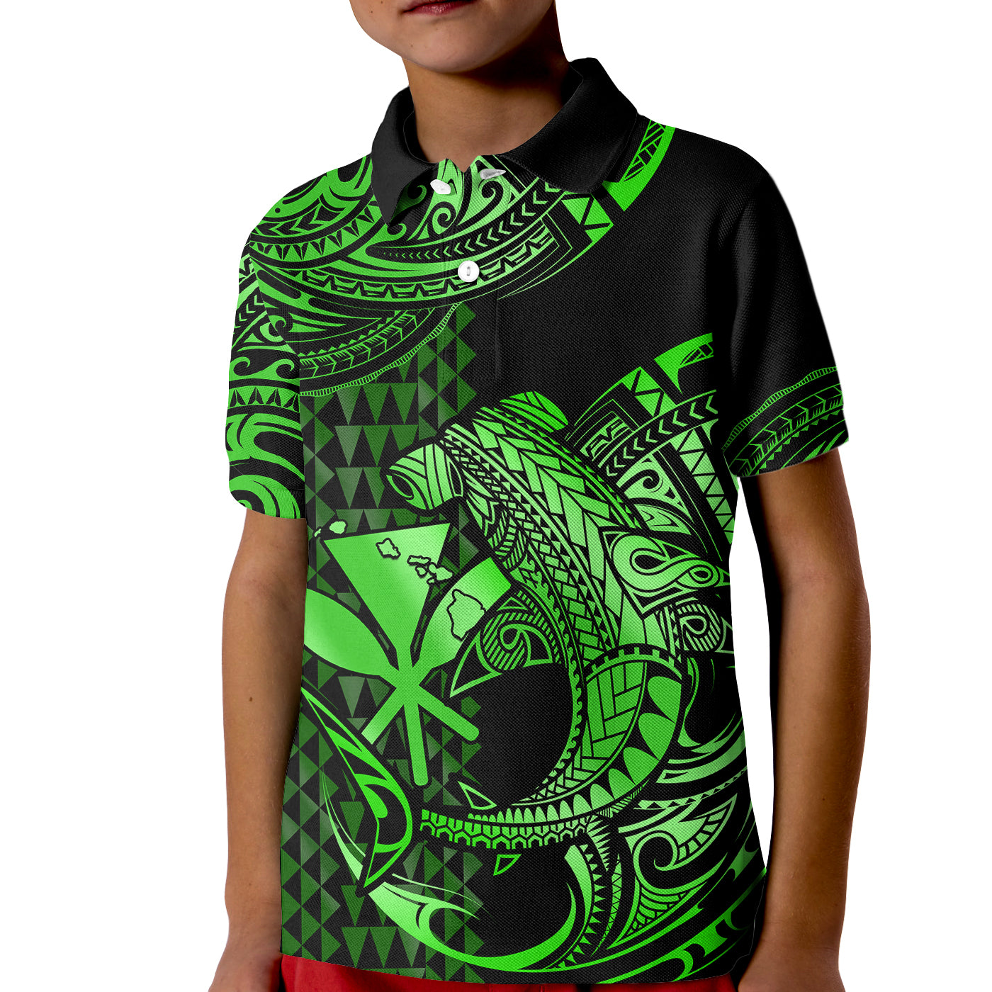 (Custom Personalised) Hawaii Hammerhead Shark Kid Polo Shirt Polynesian Kakau With Kanaka Green LT14 Kid Green - Polynesian Pride